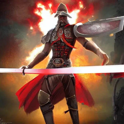 Image similar to Fantasy digital art for magic the gathering card, a close-up shot of a sword with a gun as the hilt currently across the back of a cowboy, red in the background with images of battle all around