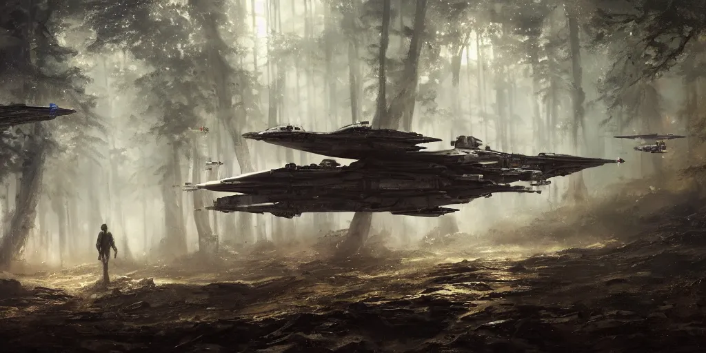 Prompt: a painting of a cinematic keyframe of star wars a destroyed x - wing fighter in dagobah's forest, heavy atmosphere and smoke by greg rutkowski, rule of thirds, golden ratio, ambient lighting, wlop, artgerm, artstation, highly detailed masterpiece, dark fantasy art, high detail, trending on artstation