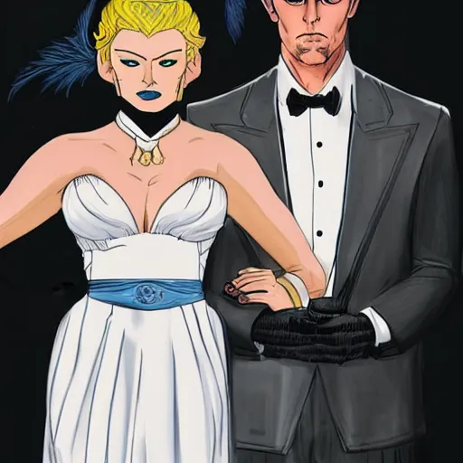 Prompt: heroic square - jawed emotionless serious blonde woman starship engineer, tribal tattoos, handsome, short slicked - back hair, sweating, uncomfortable and anxious, wearing white and gold satin victorian gown with white feathers at opulent formal dinner, looking distracted, awkward, mike mignogna, david mack