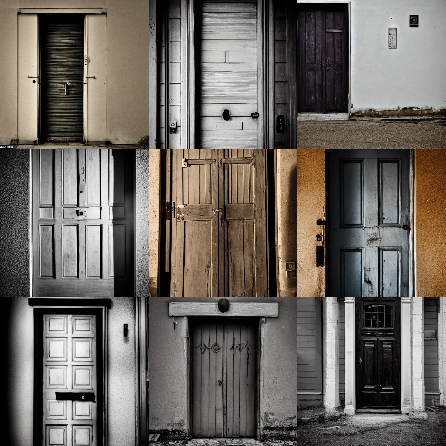 Prompt: An ominous photograph of the door standing ajar, darkness behind it, dim lighting, taken with Sony a7R camera