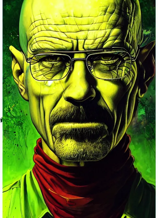 Image similar to a Demon Slayer portrait of Walter White, tall, pale-skinned, slender with lime green eyes and long eyelashes by Stanley Artgerm, Tom Bagshaw, Arthur Adams, Carne Griffiths, trending on Deviant Art, street art, face enhance, chillwave, maximalist, full of color, glittering