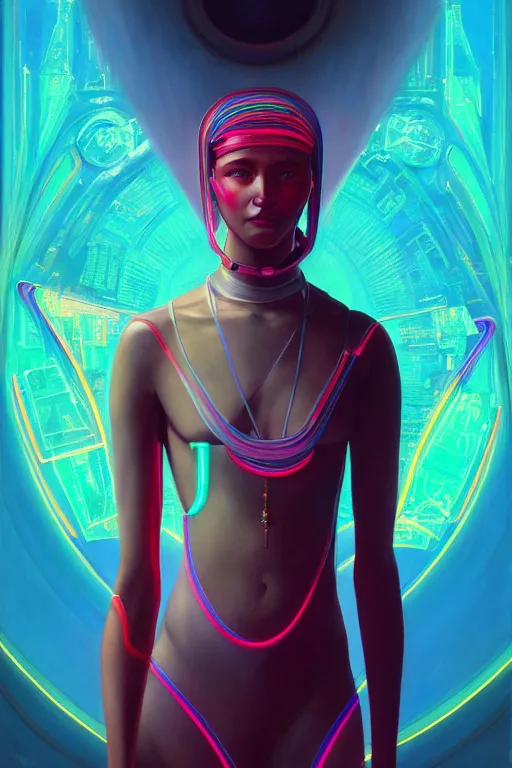 Image similar to patron saint of 🛸🌈👩🏾, futuristic clothing, neon god of city character portrait, in the style of moebius, tom bagshaw, and waterhouse, cinematic lighting, beautiful, elegant, oil painting,