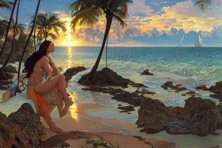 Image similar to a beautifully detailed painting of a caribean tropical shoreline, tranquil waters, sunset, hyperdetailed, worth1000.com, by Greg Rutkowski, by Alphonse Mucha, artgerm, cgsociety, serenity,