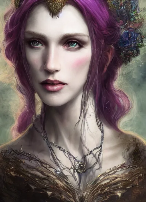 Image similar to pale, beautiful witch with long hair and a delicate crown, fantasy, medieval, vivid colors, fantasy, elegant, concept art, sharp focus, beautiful face!!, digital art, Hyper-realistic, 4K, Unreal Engine, Highly Detailed, HD, Dramatic Lighting by Brom, trending on Artstation