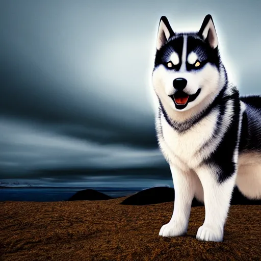 Prompt: a scenic photograph of a husky. the husky's eyes are closed. the whole husky is visible in frame. polar background, ominous sky, meteorites are crashing through the clouds. octane render, extreme detail, super symmetrical photograph, 8 k