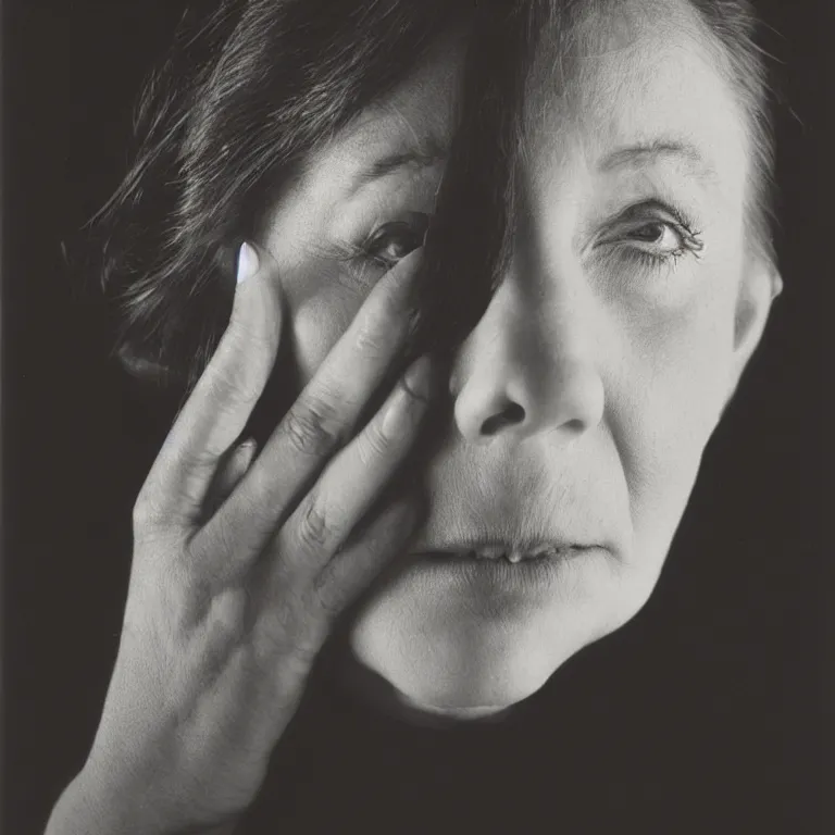 Prompt: studio portrait of a woman, plain black background. studio lighting, directly head on, richard avedon