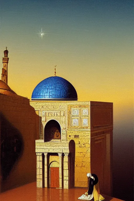 Prompt: a beautiful illustration of dome of the rock jerusalem and f a muslim is praying in front of it, impasto paint in the style of martin johnson heade and h. r. giger