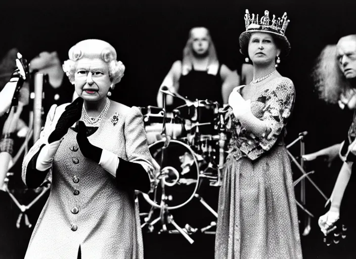 Image similar to publicity photo still of queen elizabeth in a death metal band playing live on stage, 8 k, live concert lighting, mid shot