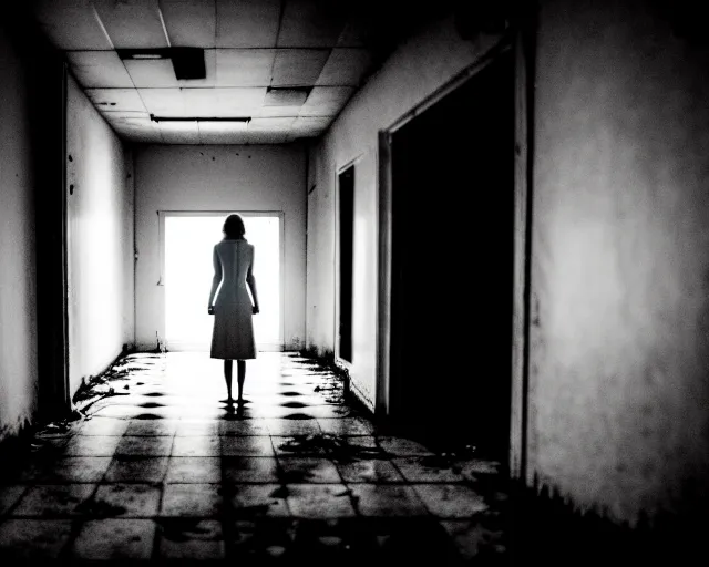 Image similar to creepy woman wearing white dress standing in the backrooms, psychological horror, the eerie forlorn atmosphere of a place that's usually bustling with people but is now abandoned and quiet, buzzing fluorescent lights above the ceiling, unsettling images, liminal space, dark