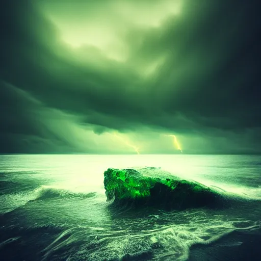 Image similar to in the style of Mikko Lagerstedt, Chtulhu green eyes, Lovecraftian, ocean, night, storm, lighting