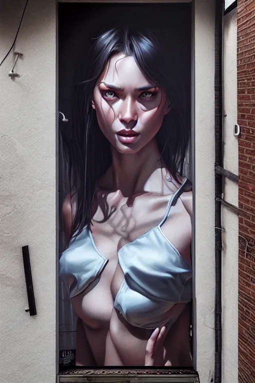 Image similar to Photorealistic hyperrealism in a shady backalley by Artgerm and WLOP