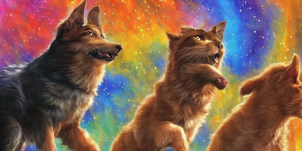 Image similar to dogs running happily towards their owners at the rainbow bridge, tall golden heavenly gates, two cats relax patiently, amazing, stunning artwork, featured on artstation, cgosciety, behance