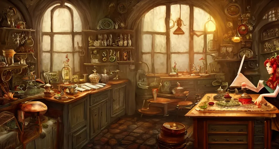 Prompt: a mid - shot of a fairy in a vintage magical kitchen, with one vintage book on a table, with a fireplace in the background d & d, fantasy, intricate, elegant, highly detailed, digital painting, artstation, concept art, smooth, sharp focus, illustration