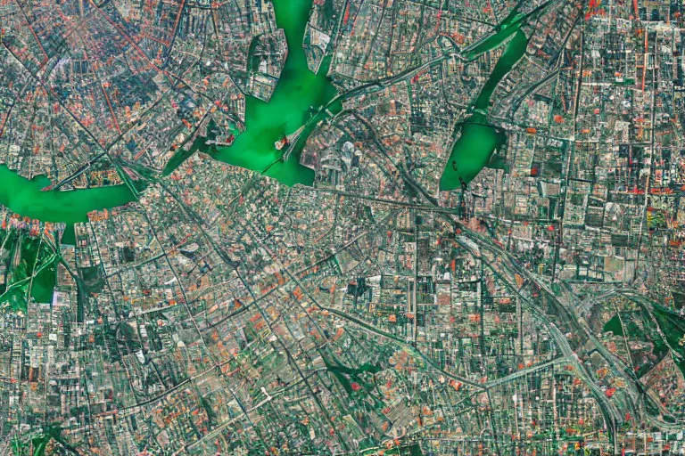 Image similar to satellite image of a large Soviet city with a large square green park in the middle