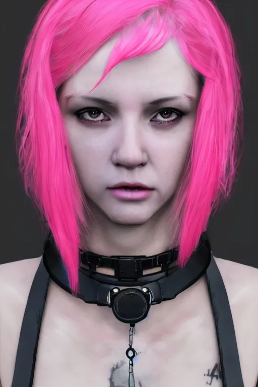 Prompt: detailed realistic female character cyberpunk wearing thick technological , pink hair, pulp style collar around neck, realistic, art, beautiful, 4K, collar, choker, collar around neck, punk, artstation, detailed, female, woman, choker, cyberpunk, neon, punk, collar, choker, collar around neck, thick collar, tight around neck, punk,
