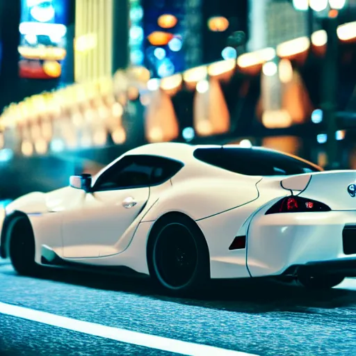 Image similar to still of a toyota supra on the road in New York, action shot, 85mm, night city, anime, cell shaded, in the spotlight