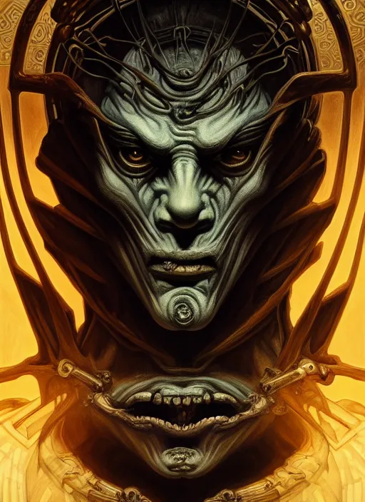 Image similar to symmetry!! portrait of grotesque hades, greek mythology, ancient greece, underworld, intricate, dark design, highly detailed, dark lighting, digital art, digital painting, artstation, sharp focus, illustration, art by artgerm and h r giger and greg rutkowski and alphonse mucha, 8 k