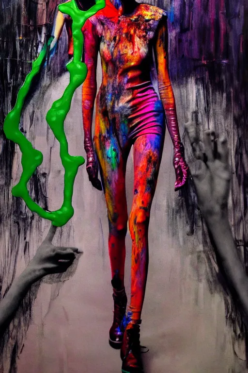 Image similar to crazy fashion catwalk, one model, crazy clothes, biopunk style, horror, clothes look like slime, hauntingly surreal, highly detailed painting by francis bacon, edward hopper, adrian ghenie, gerhard richter, and james jean soft light 4 k,