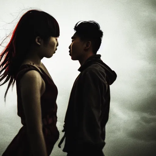 Image similar to photographic portrait, last battle on earth between a young asian woman and young man, sky in flames, apocalyptic, cinematic lighting, dark lighting, award winning, 8 k