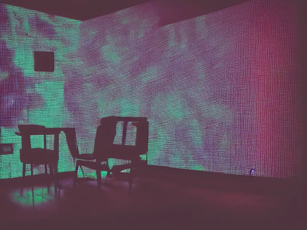 Prompt: room with overlaping screens projecting art, pixel perfect image, high contrast, volumetric lighting, tiny neon light, chair, user, pair of keys