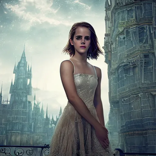 Prompt: portrait of Emma Watson photo photorealistic portrait photograph of Emma Watson dressed in a transparent dress, photographic castle gardens background, nighttime, rich vibrant colors, ambient lighting, dynamic lighting, beautiful detailed photograph intricate insanely detailed octane render, 8k artistic photography, Edward Steichen, Peter Lindbergh, Albert Watson photorealistic, chiaroscuro anime key visual, makoto shinkai, ilya kuvshinov, lois van baarle, rossdraws, detailed, trending on artstation