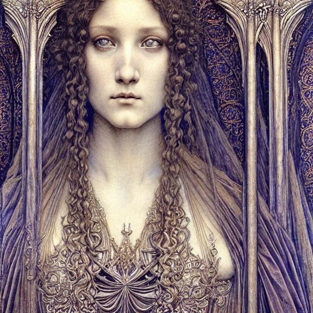 Image similar to detailed realistic beautiful young medieval queen face portrait by jean delville, gustave dore and marco mazzoni, art nouveau, symbolist, visionary, gothic, pre - raphaelite. horizontal symmetry