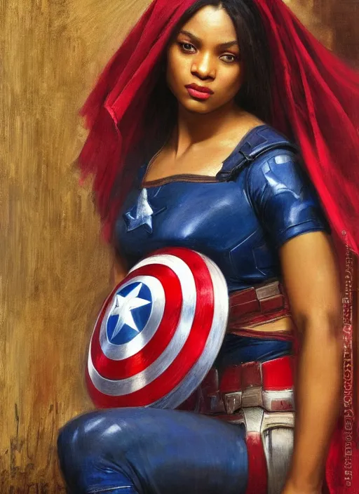 Image similar to maria igwe. beautiful female Captain America. gorgeous face. Iranian orientalist portrait by john william waterhouse and Edwin Longsden Long and Theodore Ralli and Nasreddine Dinet, oil on canvas. Cinematic, hyper realism, realistic proportions, dramatic lighting, high detail 4k