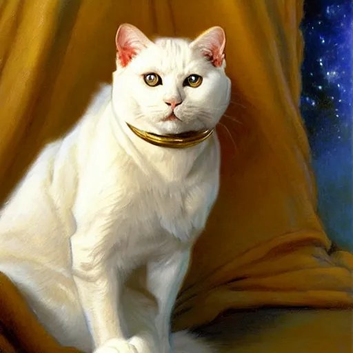 Prompt: a portrait of a manly white cat feline, blue eyes, star trek the next generation. highly detailed painting by gaston bussiere, craig mullins, j. c. leyendecker, furry