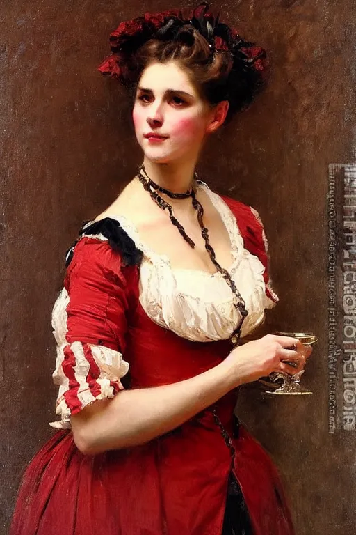 Image similar to Raimundo de Madrazo y Garreta and Solomon Joseph Solomon and Richard Schmid and Jeremy Lipking victorian genre painting full length portrait painting of a young beautiful woman traditional german french barmaid in fantasy costume, red background