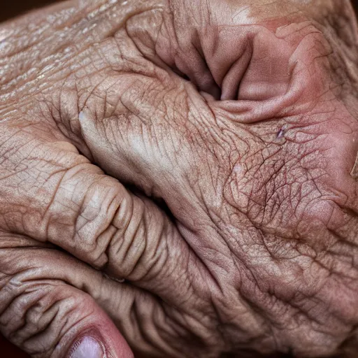 Image similar to closeup photograph of an old, wrinkled hand. Shallow depth of field. Strong keylight.