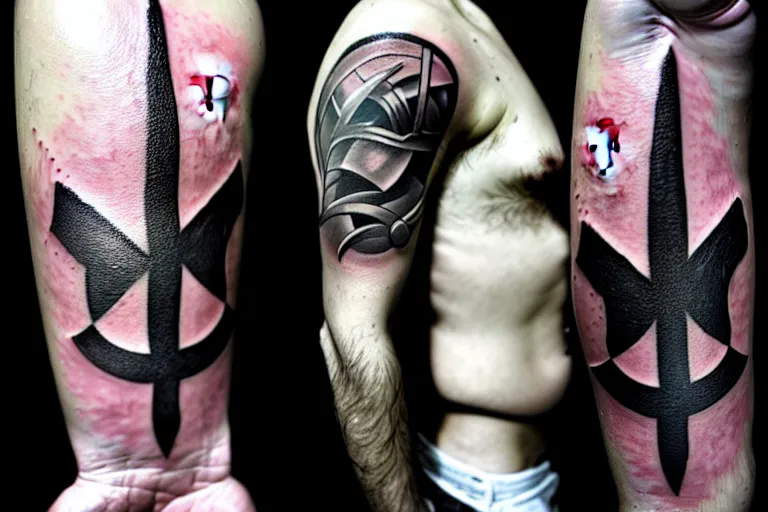 Prompt: Prison tattoo of Mjölnir, ugly, amateur, worst