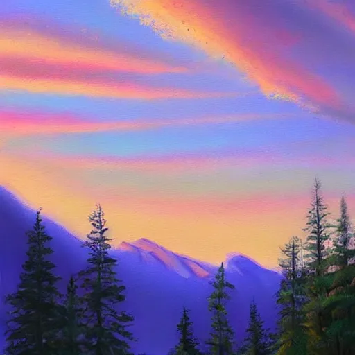 Prompt: beautiful mountain and trees, oil painting, concept art, sunrise,