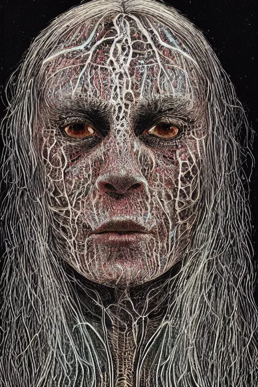 Prompt: dark portrait of one Bioluminescent old shaman, with cracked reaction diffusion semi-transparent skin. multicolored fish scales, closeup. long dark hair with insects and plant leaves. at night, realistic. intricate, very detailed, by alex grey and Moebius