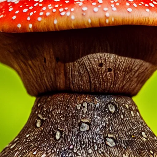 Image similar to macro photo with a mushroom character with cute eyes, very close to real nature, natural colors and natural surroundings, painted patterns and coloring on mushrooms, 8K, highly detailed