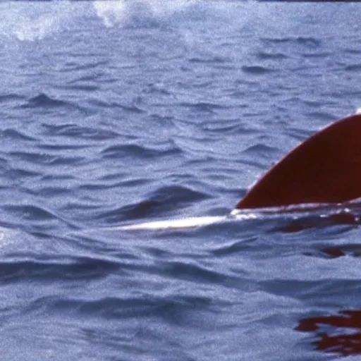 Prompt: still from jaws ( 1 9 7 5 ) showing an atomic bomb being used on the shark, still, color