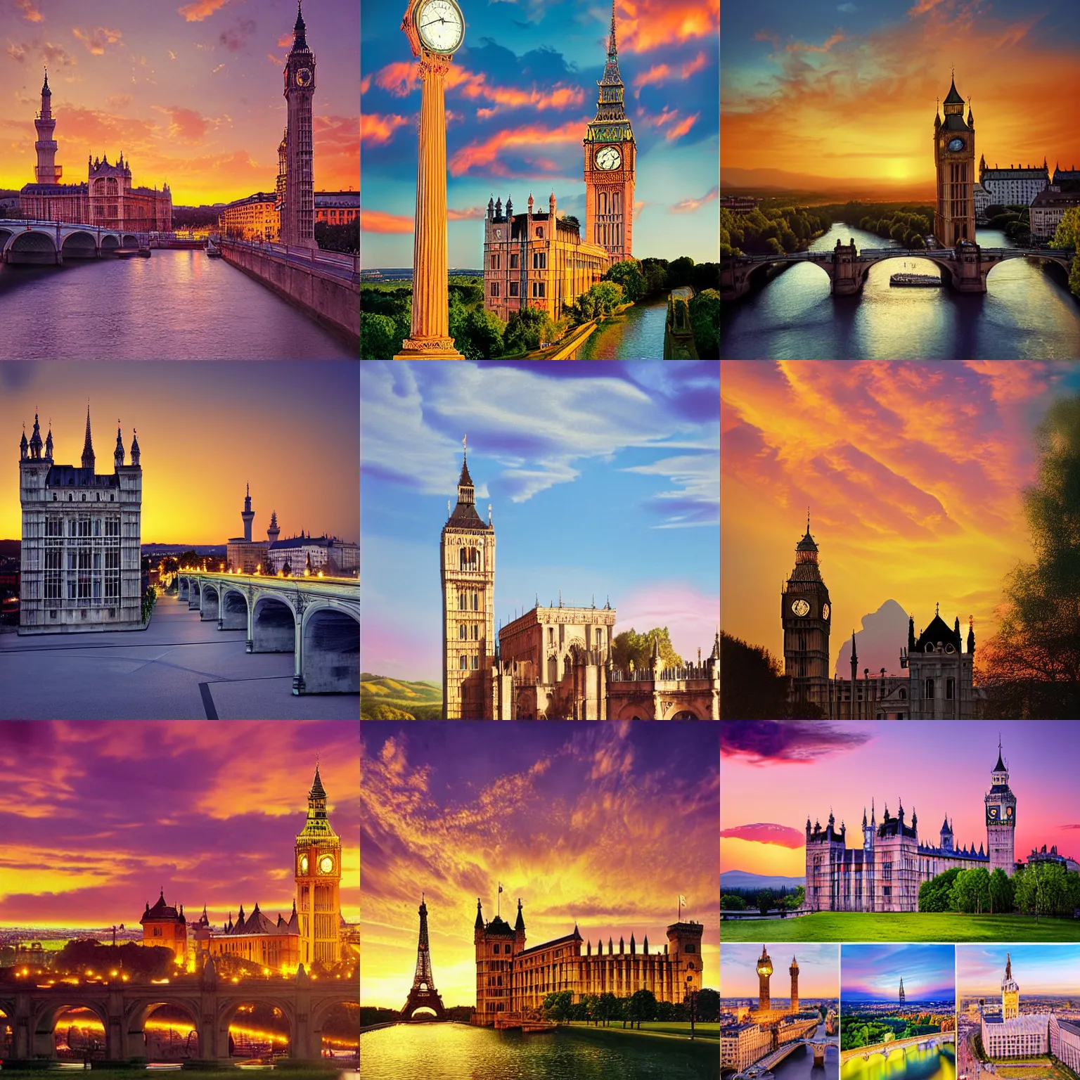 Prompt: sunrise in europe, big ben!!! and colloseum!!!!! and neuschwanstein!!!! and eiffel tower in a beautiful landscape, elegant, realistic, refined, highly detailed, natural outdoor soft pastel lighting colors scheme, outdoor fine art photography by david lachapelle, volumetric lighting, hyper realistic photography