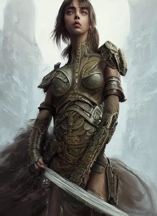 Image similar to a professional portrait of a beautiful young female, clothed in ethereal battle armor, olive skin, long dark hair, beautiful bone structure, symmetrical facial features, intricate, elegant, digital painting, concept art, smooth, sharp focus, finely detailed, illustration, from Valerian and the City of a Thousand Planets, in the style of Ruan Jia and Mandy Jurgens and Artgerm and Greg Rutkowski and William-Adolphe Bouguerea