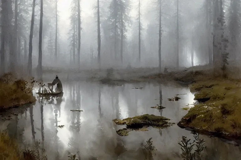 Image similar to watercolor painting of scandinavian bog, reflective, fog, ambient lighting, art by anders zorn, wonderful masterpiece by greg rutkowski, cinematic light, american romanticism by greg manchess, creation by tyler edlin