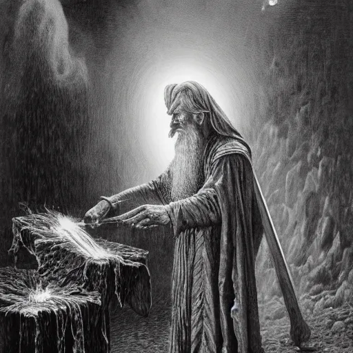 Prompt: the evil ian mckellen smithing on an anvil as gandalf in a dark viking hood playing odin all father crafting a neural network with golden synapses on an anvil with fire, highly detailed, cinematic shot, cinematic lighting, 8 k, exquisit facial detail, colored painting by gustave dore.