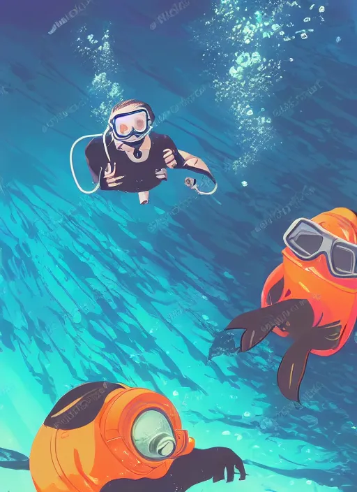 Prompt: Sloth scuba diving. In anime style. Explosions, tilt and orange, ultrawide angle, panoramic, fish eye, colorfull illustration