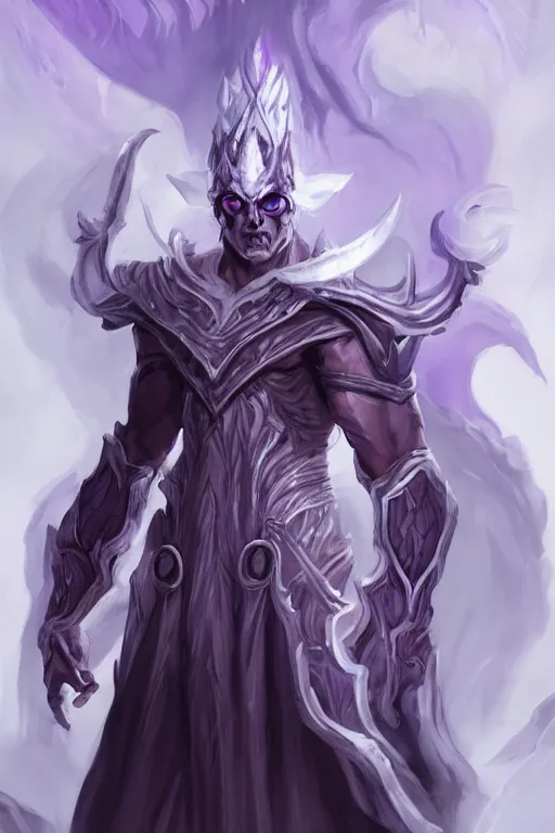 Prompt: man male demon, full body white purple cloak, warlock, character concept art, costume design, illustration, black eyes, white horns, trending on artstation, Artgerm , WLOP, Jason Chan