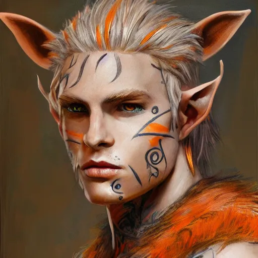 Image similar to portrait painting of an elven young man with short light orange hair and tribal tattoos on his face wearing fur armor, sharp focus, award - winning, trending on artstation, masterpiece, highly detailed, intricate. art by james ryman