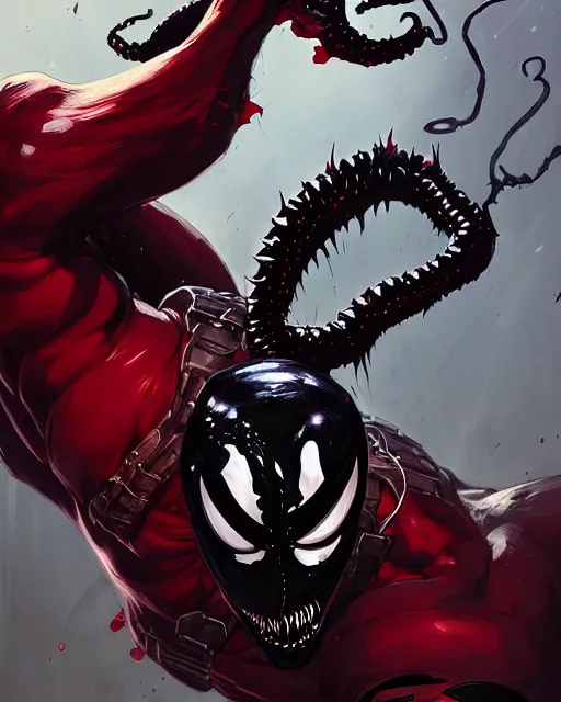 Prompt: highly detailed closeup portrait of a mutated venom symbiote in deadpool suit with a fierce expression, wielding his katana, by atey ghailan, by greg rutkowski, by greg tocchini, by james gilleard, by joe fenton, by kaethe butcher, red, black, crimson and grey color scheme