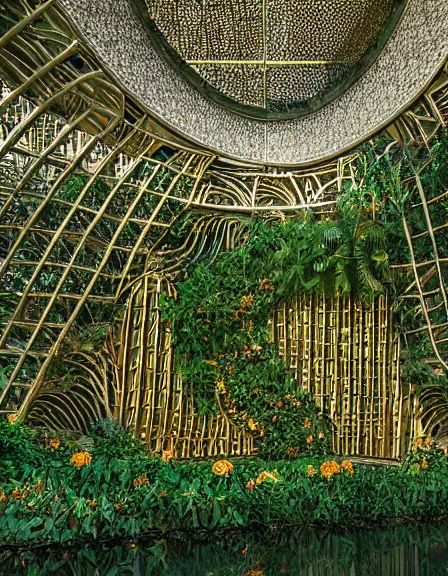 Prompt: a massive gold and porcelain sculpture in the jungle covered in flowers and vines photograph, architecture carved for a titan, beautiful in its smoothness and expansiveness, curving geometric arches, architectural photograph by louis kahn and moshe safdie