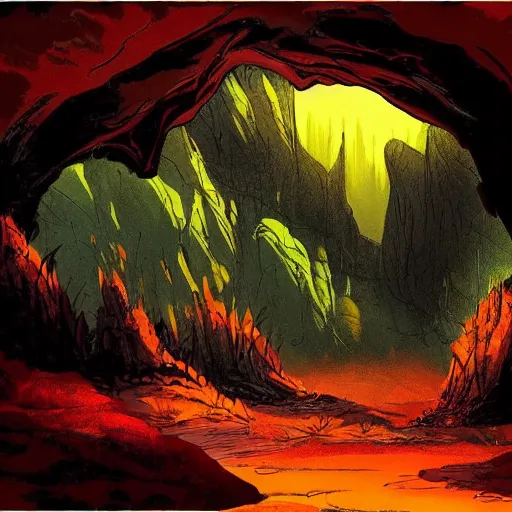 Prompt: A magical, mystical, underground cave system, warm colour palette, dramatic, high contrast, deep depth, graphic novel,