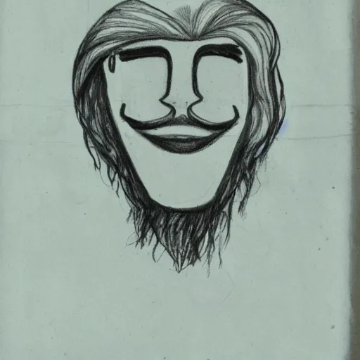 Image similar to sketch of a caucasian face, medium long hair, bad skin, skinny, oval head shape, smiling, climber, weed, mushroom