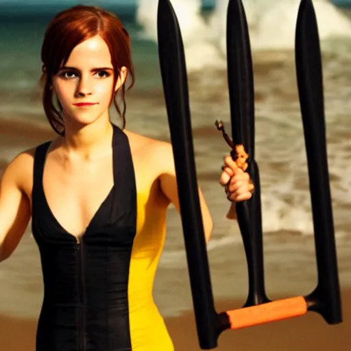 Image similar to a full body photo of emma watson as nami from one piece holding a trident in one hand, award winning photography, 50 mm, perfect faces.