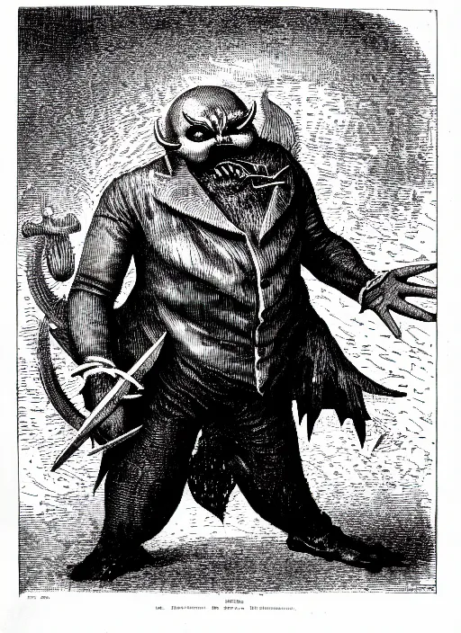 Image similar to illustration of dr. robotnik as a demon from the dictionarre infernal, etching by louis le breton, 1 8 6 9, 1 2 0 0 dpi scan, ultrasharp detail, clean scan