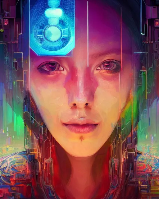 Image similar to colorful portrait of a female hippie with cybernetics, but set in the future 2 1 5 0 | highly detailed | very intricate | symmetrical | professional model | cinematic lighting | award - winning | painted by mandy jurgens | pan futurism, dystopian, bold psychedelic colors, cyberpunk, anime aesthestic | featured on artstation