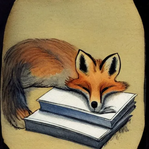 Image similar to fox sleeping on a pile of books, watercolors, 1 9 3 0